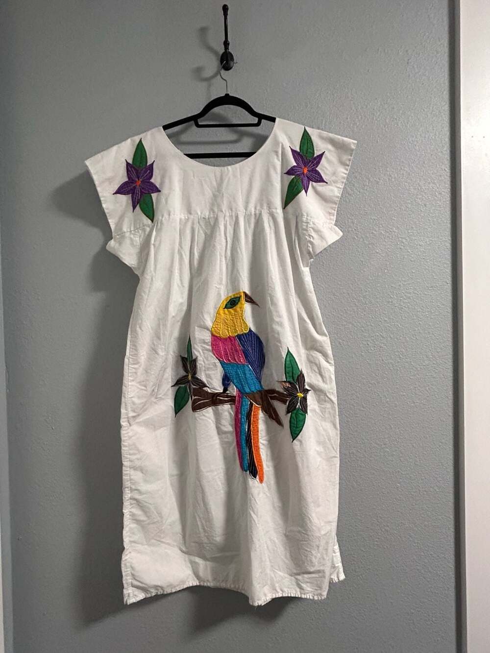 Vintage Mexican Hand Embroidered Parrot And Floral White Cotton Dress Caftan